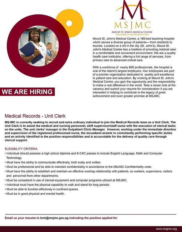 Antigua News Job Vacancy Medical RecordsUnit Clerk